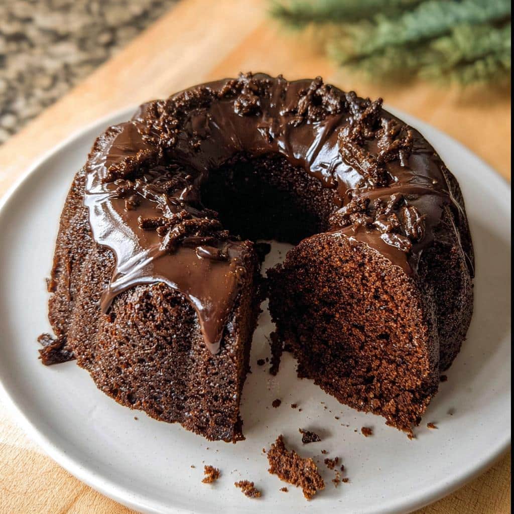 A delicious Gingerbread Chocolate Bundt Cake with chocolate ganache, a slice cut out to show the moist interior.