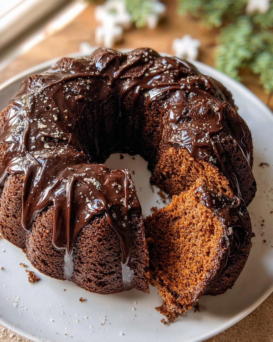 A delicious Gingerbread Chocolate Bundt Cake with a slice cut out, topped with chocolate ganache and sprinkles.