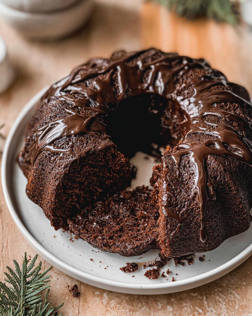 A delicious Gingerbread Chocolate Bundt Cake with a slice cut out, drizzled with rich chocolate glaze.