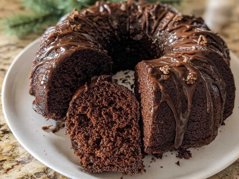 A sliced Gingerbread Chocolate Bundt Cake drizzled with chocolate ganache on a white plate.