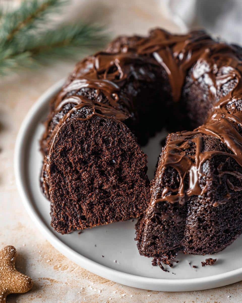 A slice of Gingerbread Chocolate Bundt Cake on a plate, drizzled with chocolate ganache.