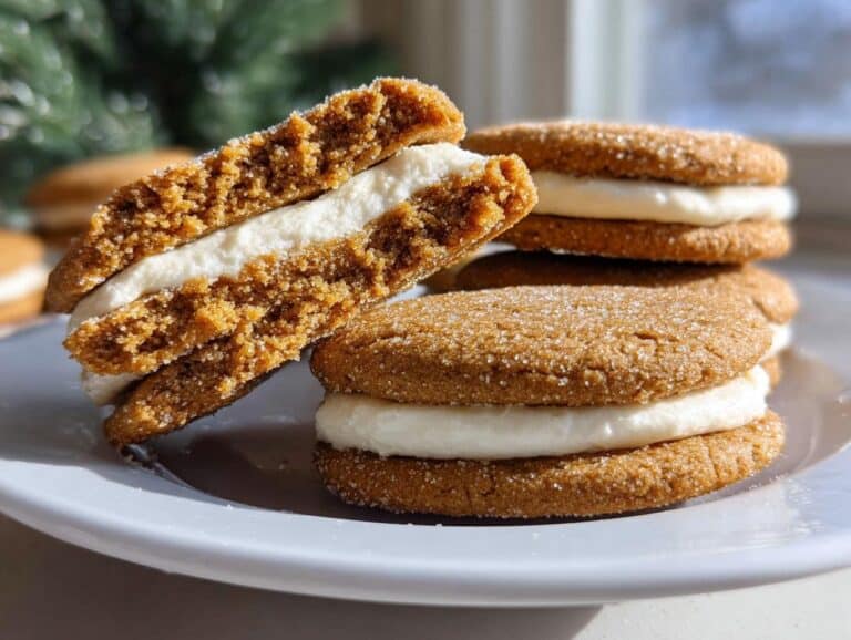 Stack of homemade Gingerbread Sandwich Cookies with sweet cream filling on a white plate.