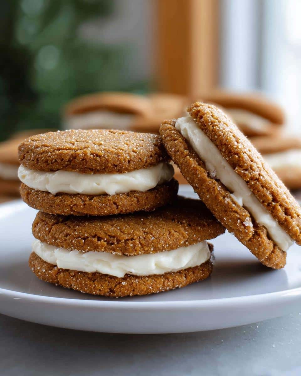 A stack of delicious Gingerbread Sandwich Cookies with creamy filling on a white plate.