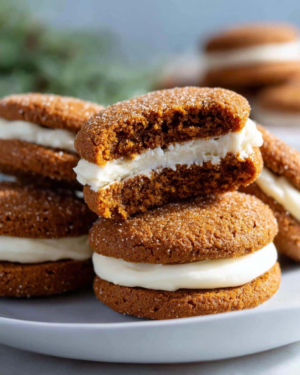 A stack of delicious Gingerbread Sandwich Cookies with creamy filling on a plate, one with a bite taken.