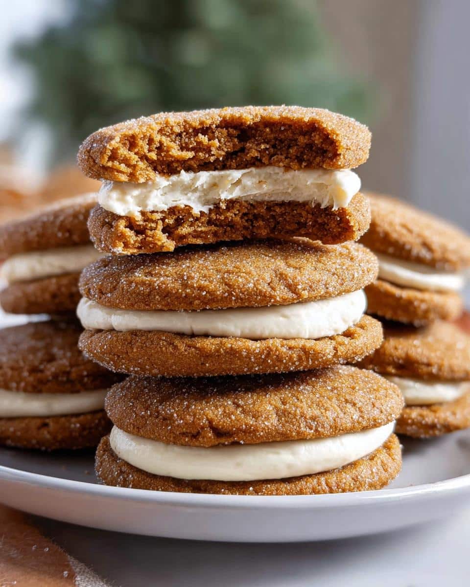 A stack of delicious Gingerbread Sandwich Cookies with creamy filling, ready to enjoy.
