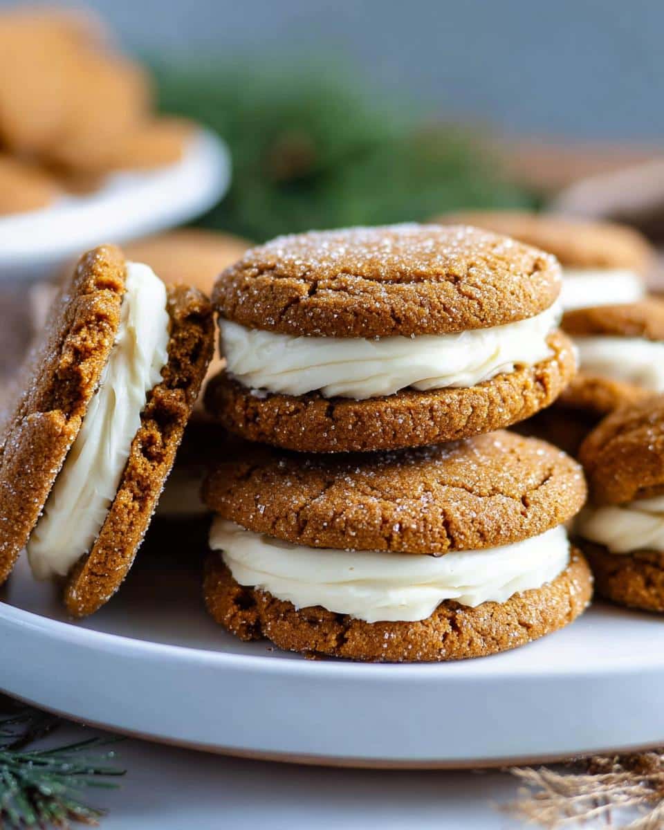 A stack of delicious Gingerbread Sandwich Cookies with creamy filling, sprinkled with sugar.