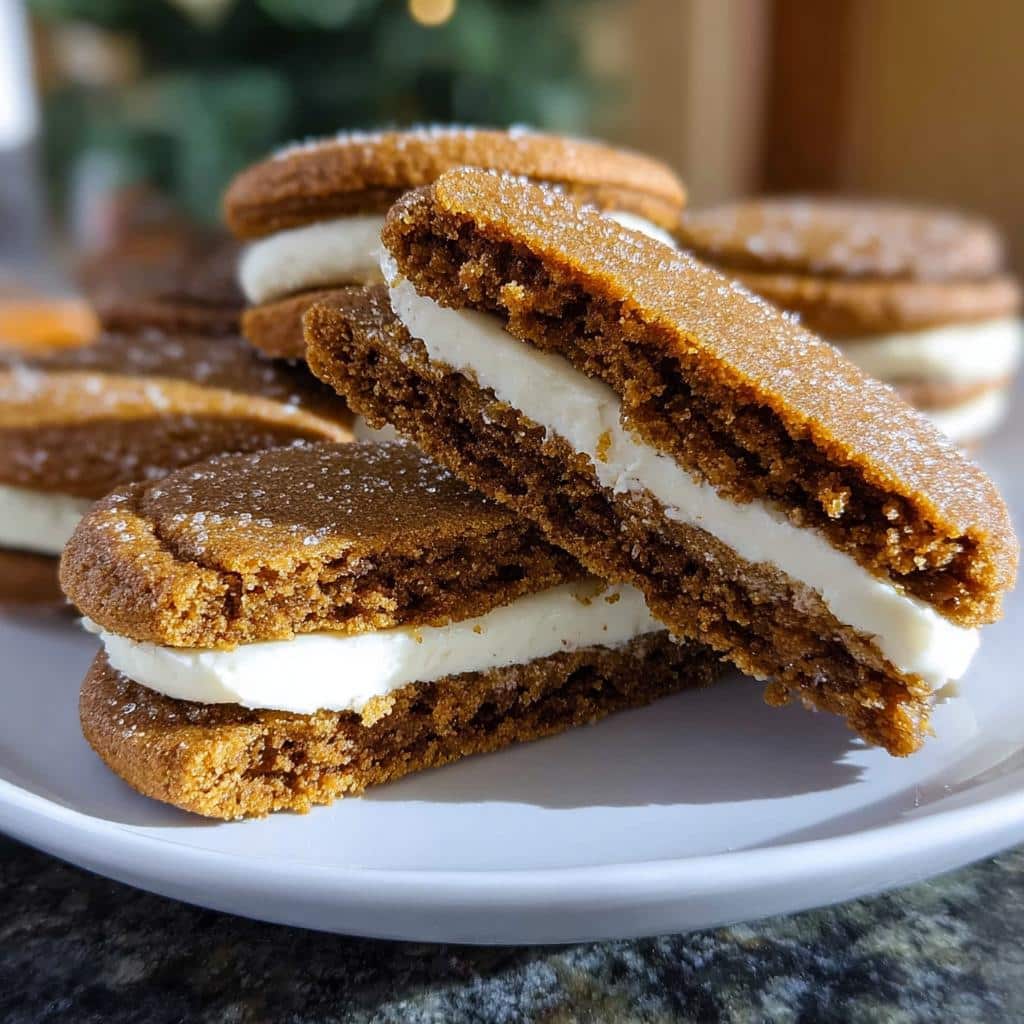 A stack of delicious Gingerbread Sandwich Cookies with creamy filling on a white plate.