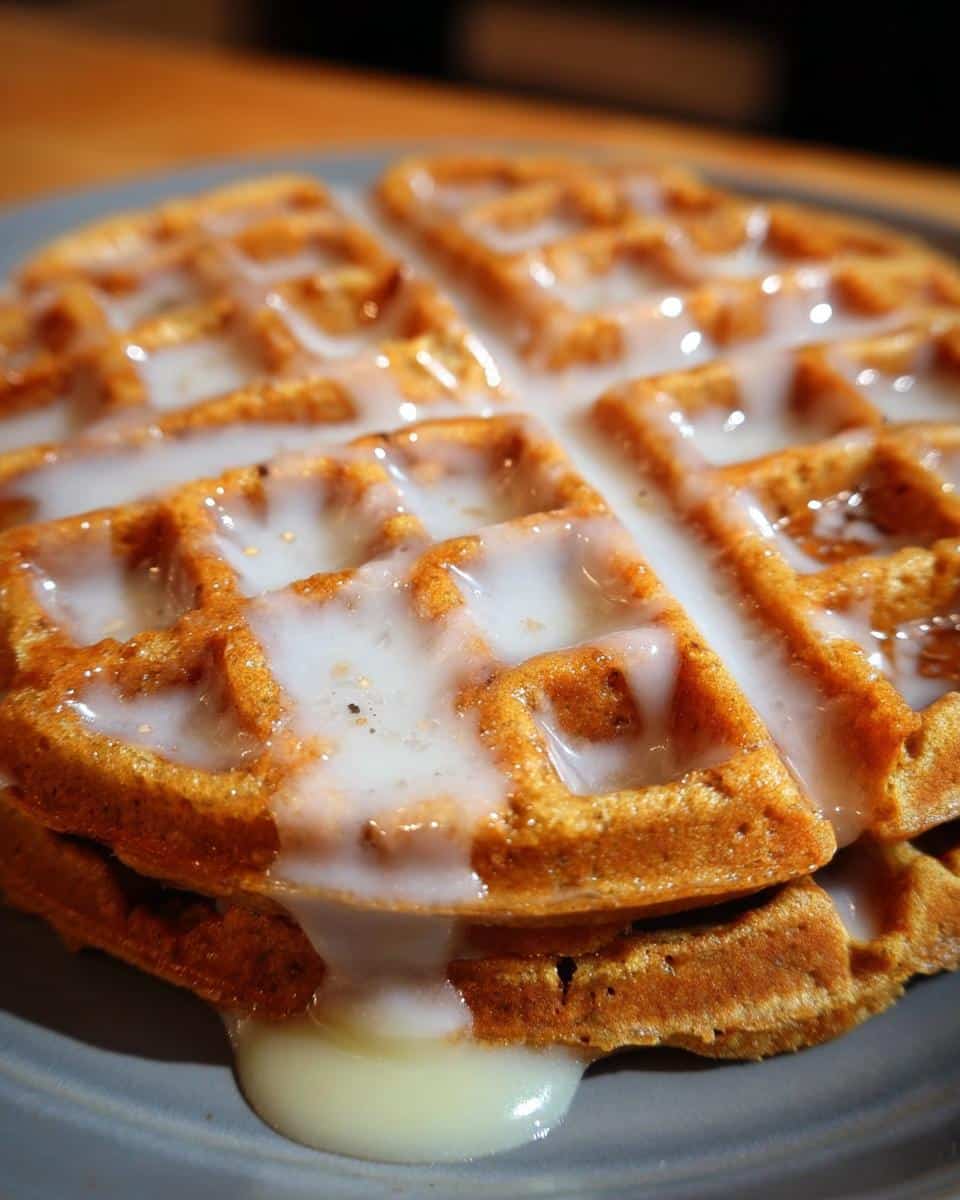 Close-up of Gingerbread Waffles with Vanilla Glaze, showing the glaze dripping down the sides.