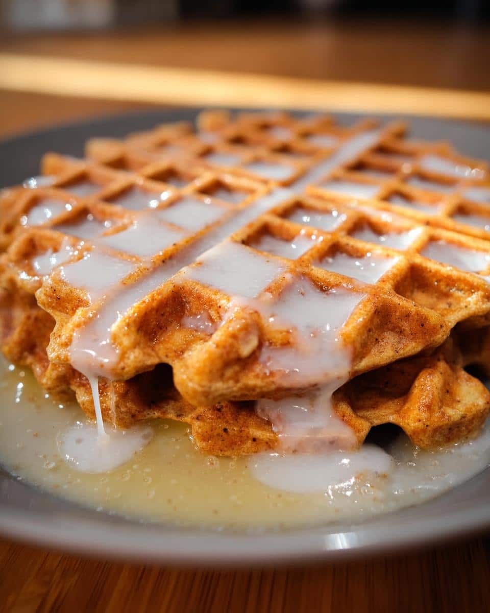 A stack of Gingerbread Waffles with Vanilla Glaze, drizzled and pooling on a gray plate.