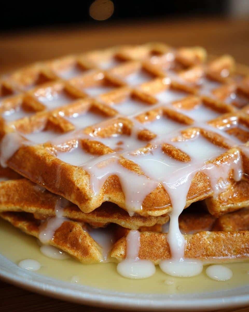 Stack of Gingerbread Waffles with Vanilla Glaze dripping down the sides on a white plate.