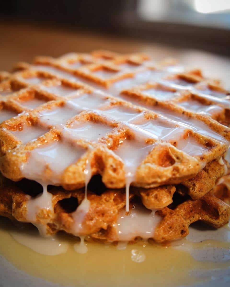 A stack of Gingerbread Waffles with Vanilla Glaze, showing the glaze dripping down the sides.