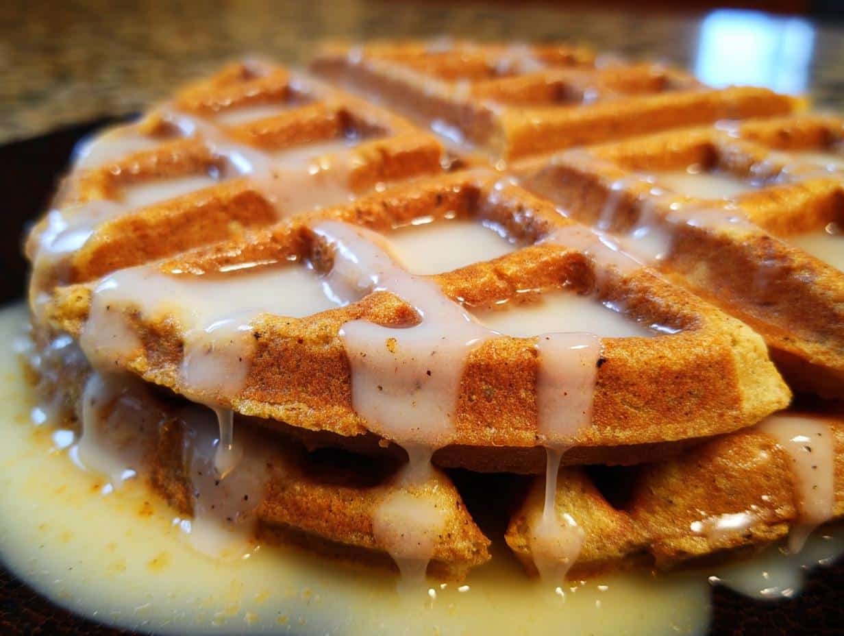 Stack of gingerbread waffles with vanilla glaze dripping down the sides, showcasing the delicious texture.