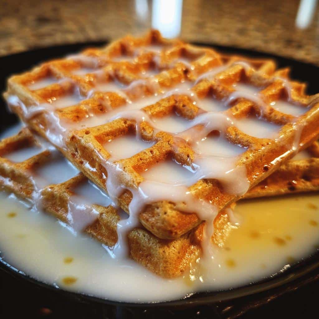 Stack of Gingerbread Waffles with Vanilla Glaze, drizzled and pooling on a black plate.
