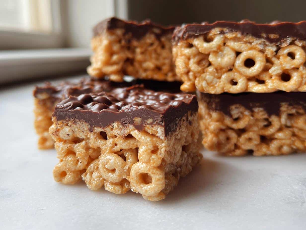 Close-up of stacked, square Lunchbox Cheerio Bars made with toasted cereal and topped with a layer of melted chocolate.