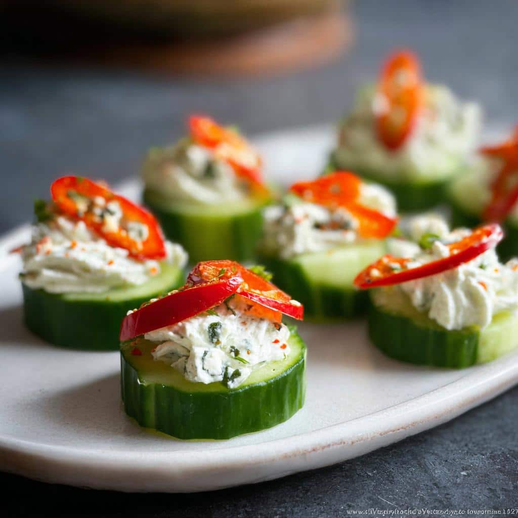 Close-up of several Herb-Cream Cheese Cucumber Bites topped with sliced red chili peppers on a light plate.