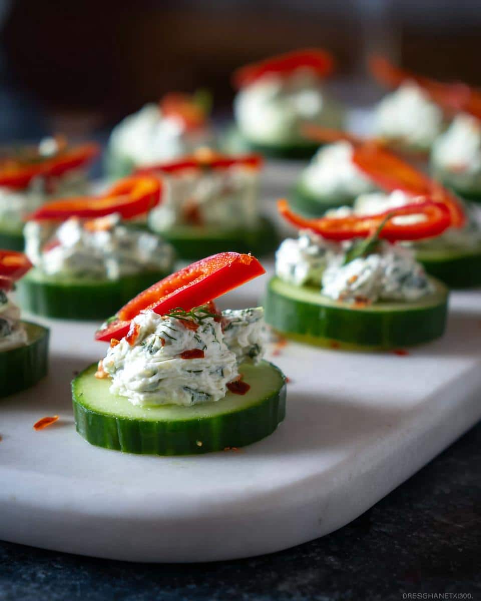 Close-up of Herb-Cream Cheese Cucumber Bites topped with a slice of red pepper on a white serving board.