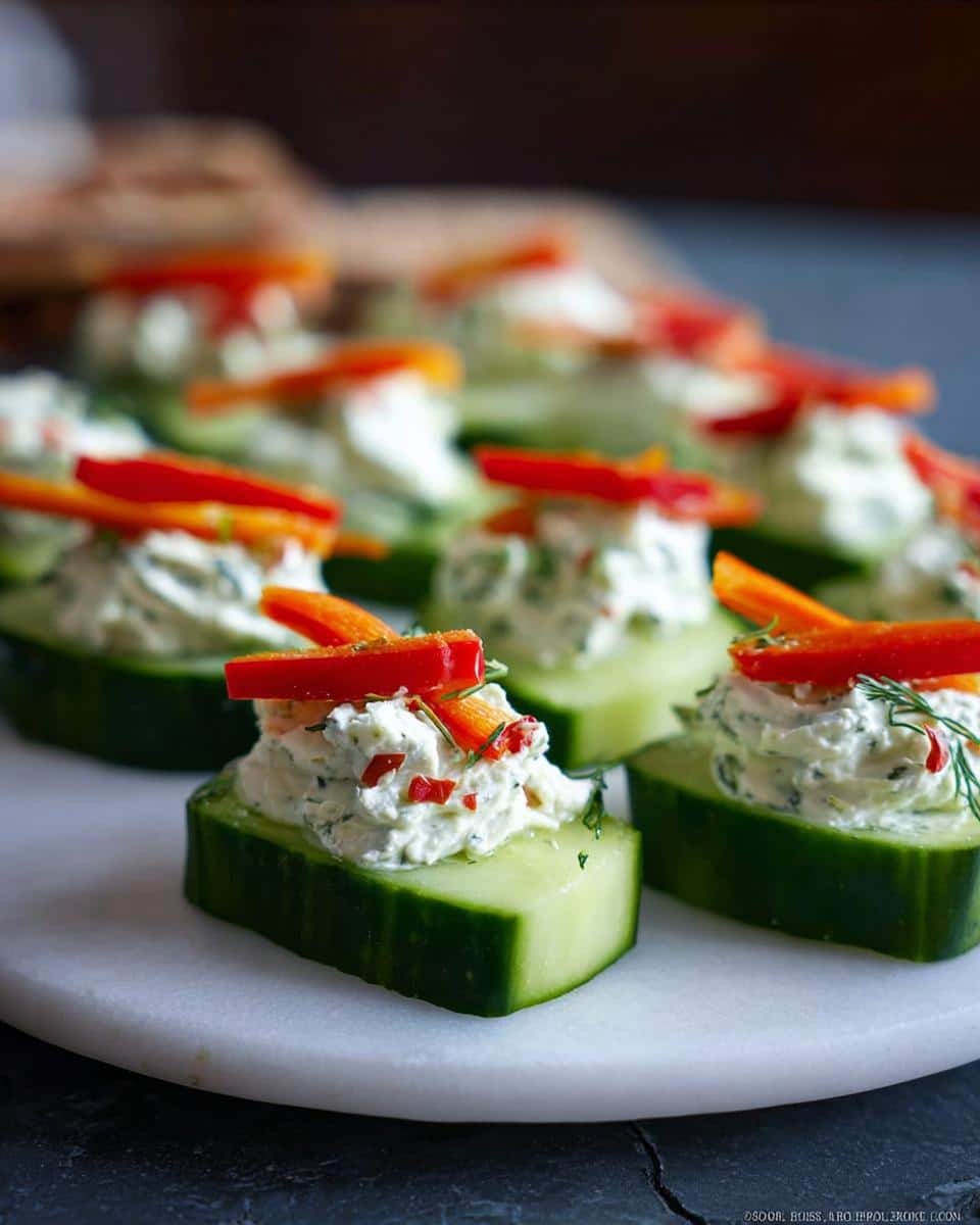 Close-up of Herb-Cream Cheese Cucumber Bites topped with red pepper strips, arranged on a white marble serving board.