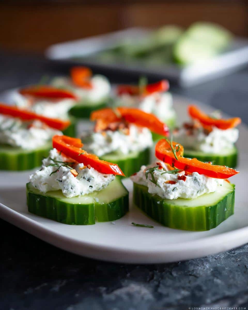 Close-up of fresh Herb-Cream Cheese Cucumber Bites topped with red pepper slices on a white platter.
