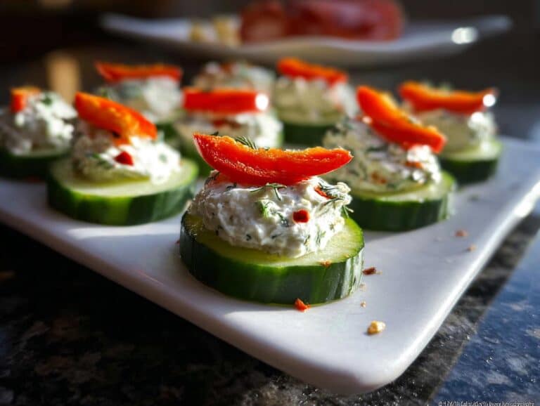 A row of Herb-Cream Cheese Cucumber Bites topped with red pepper slices on a white platter.
