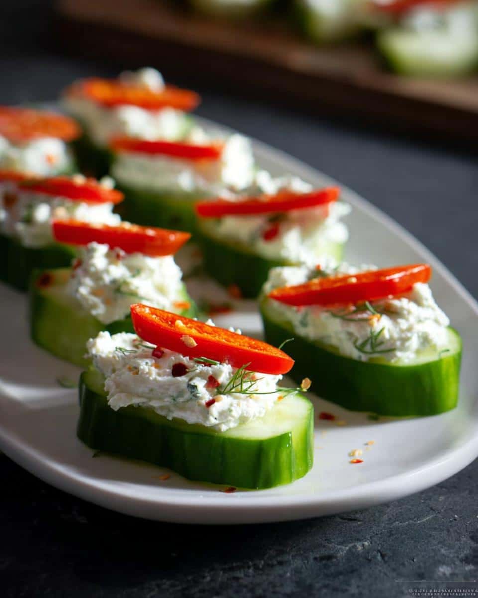 Close-up of Herb-Cream Cheese Cucumber Bites topped with red pepper slices on a white serving dish.