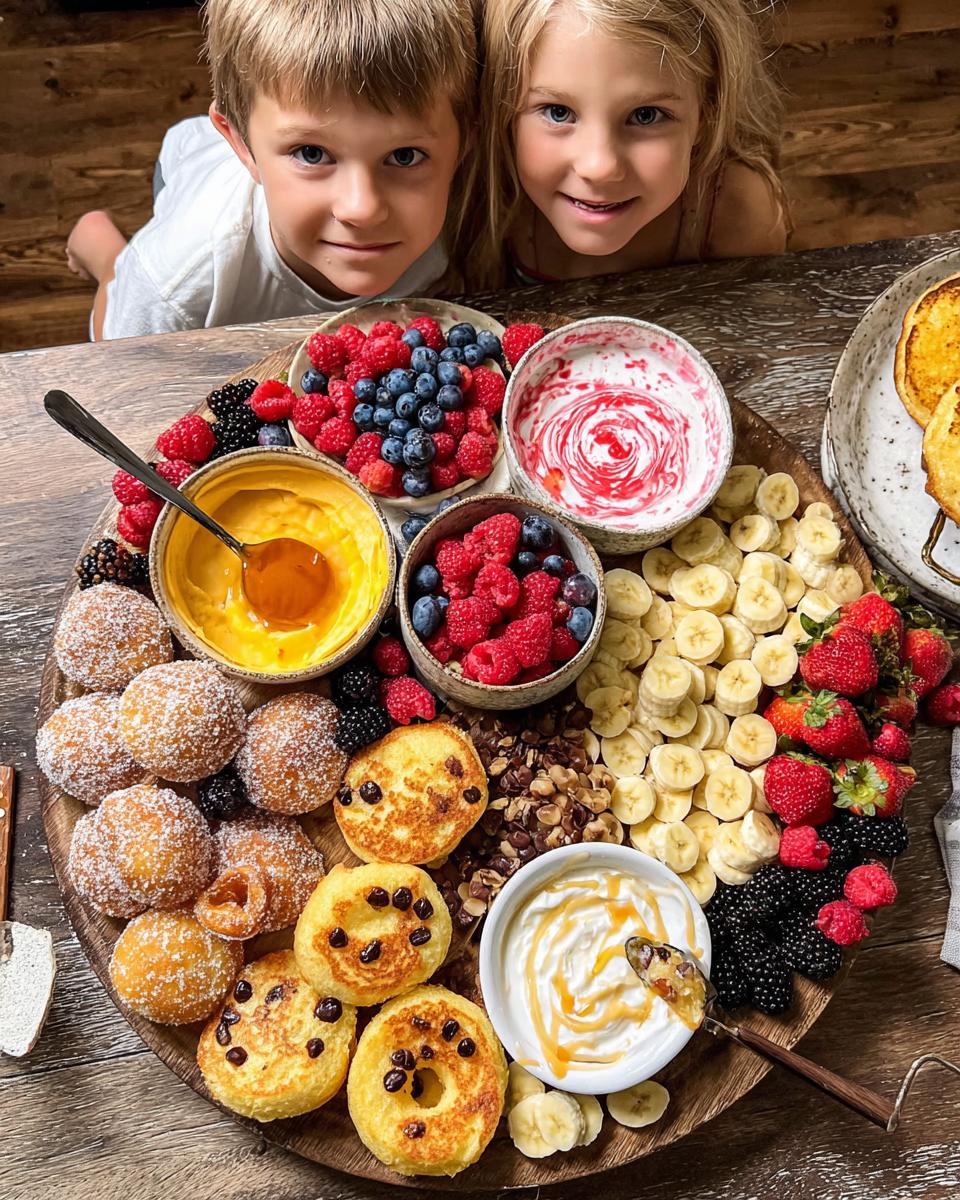 A colorful Holiday Breakfast Board for Kids with fruit, mini pancakes, donuts, yogurt, and honey, enjoyed by two children.