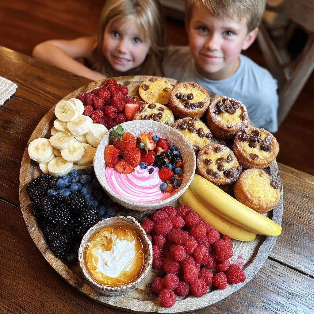 A colorful Holiday Breakfast Board for Kids featuring fruit, muffins, yogurt, and honey, with two smiling children in the background.