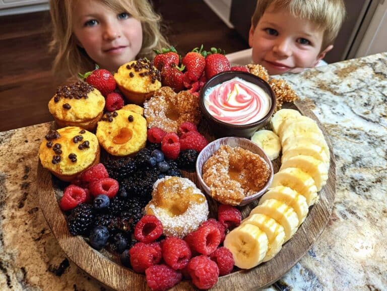 A colorful Holiday Breakfast Board for Kids featuring muffins, berries, bananas, and yogurt, with two children looking on.