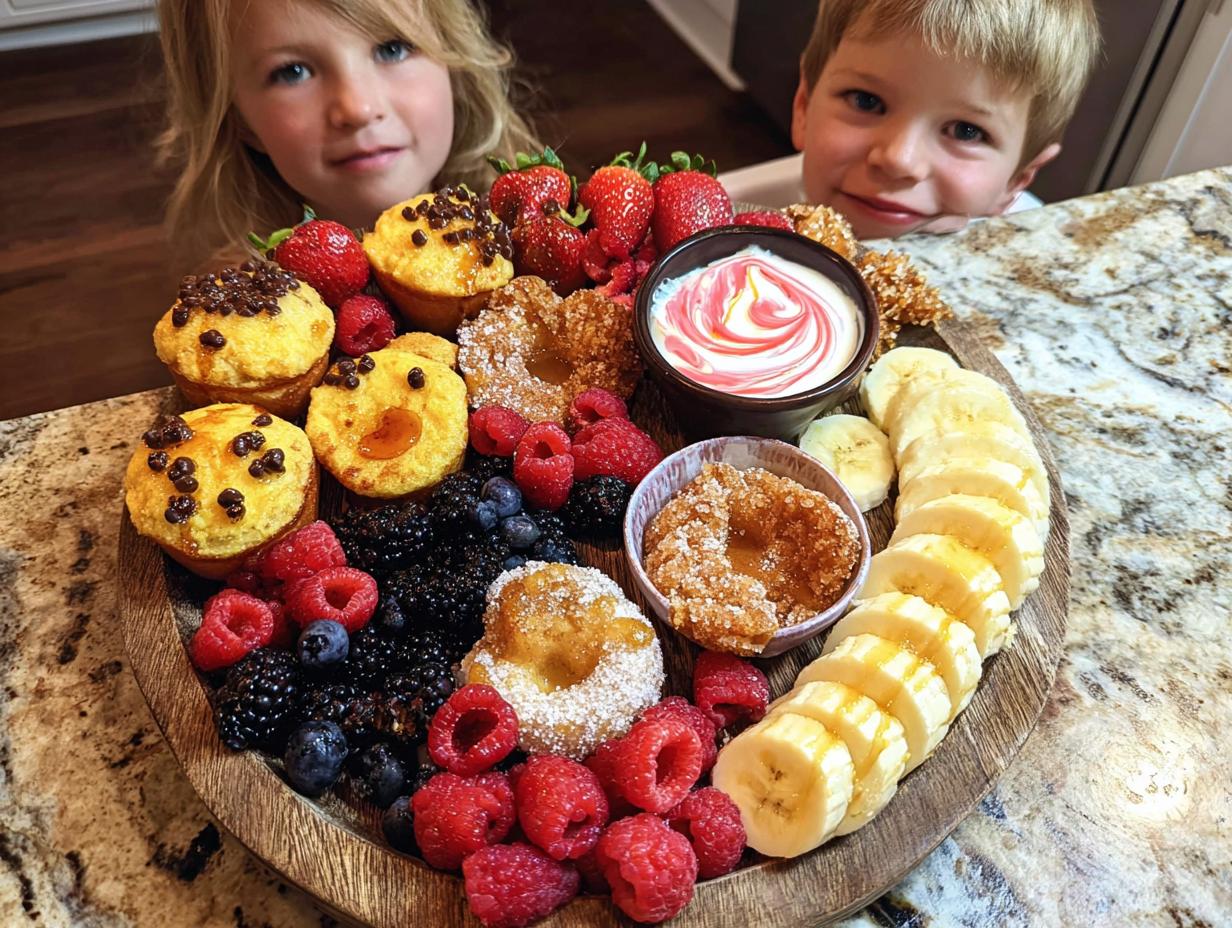 A colorful Holiday Breakfast Board for Kids featuring muffins, berries, bananas, and yogurt, with two children looking on.