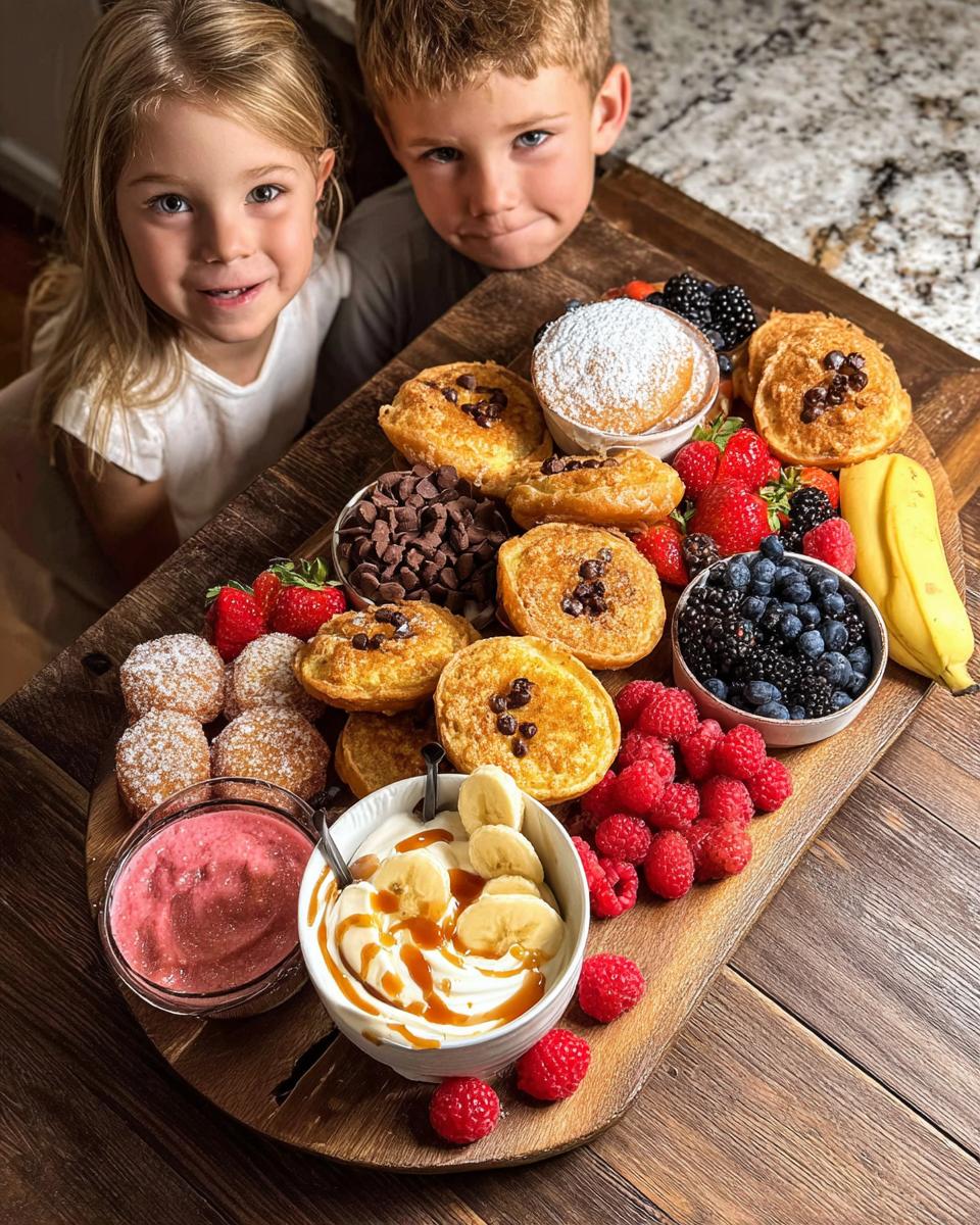 Overhead view of a Holiday Breakfast Board for Kids, featuring pancakes, berries, yogurt, and other toppings.