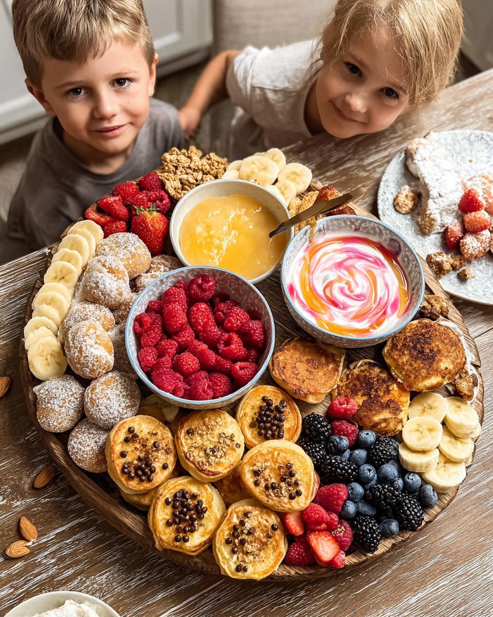 A colorful Holiday Breakfast Board for Kids featuring pancakes, fruit, yogurt, and excited children.