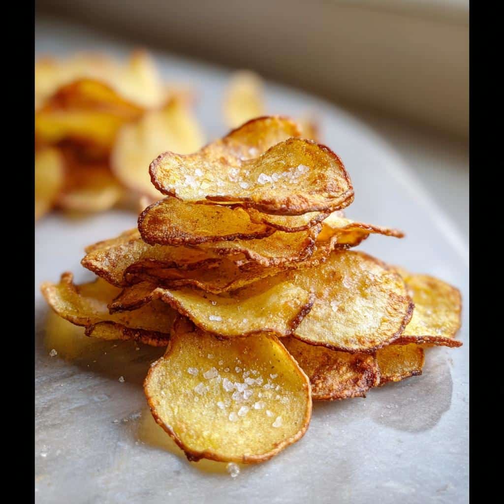 A stack of golden brown, crispy Homemade Baked Potato Chips sprinkled with coarse sea salt.