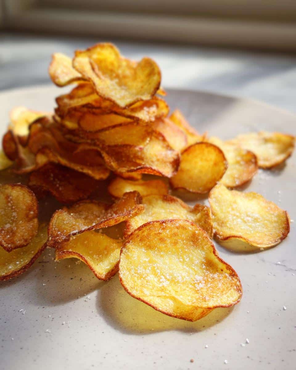 A close-up of crispy, golden Homemade Baked Potato Chips stacked and scattered on a light gray plate, sprinkled with salt.