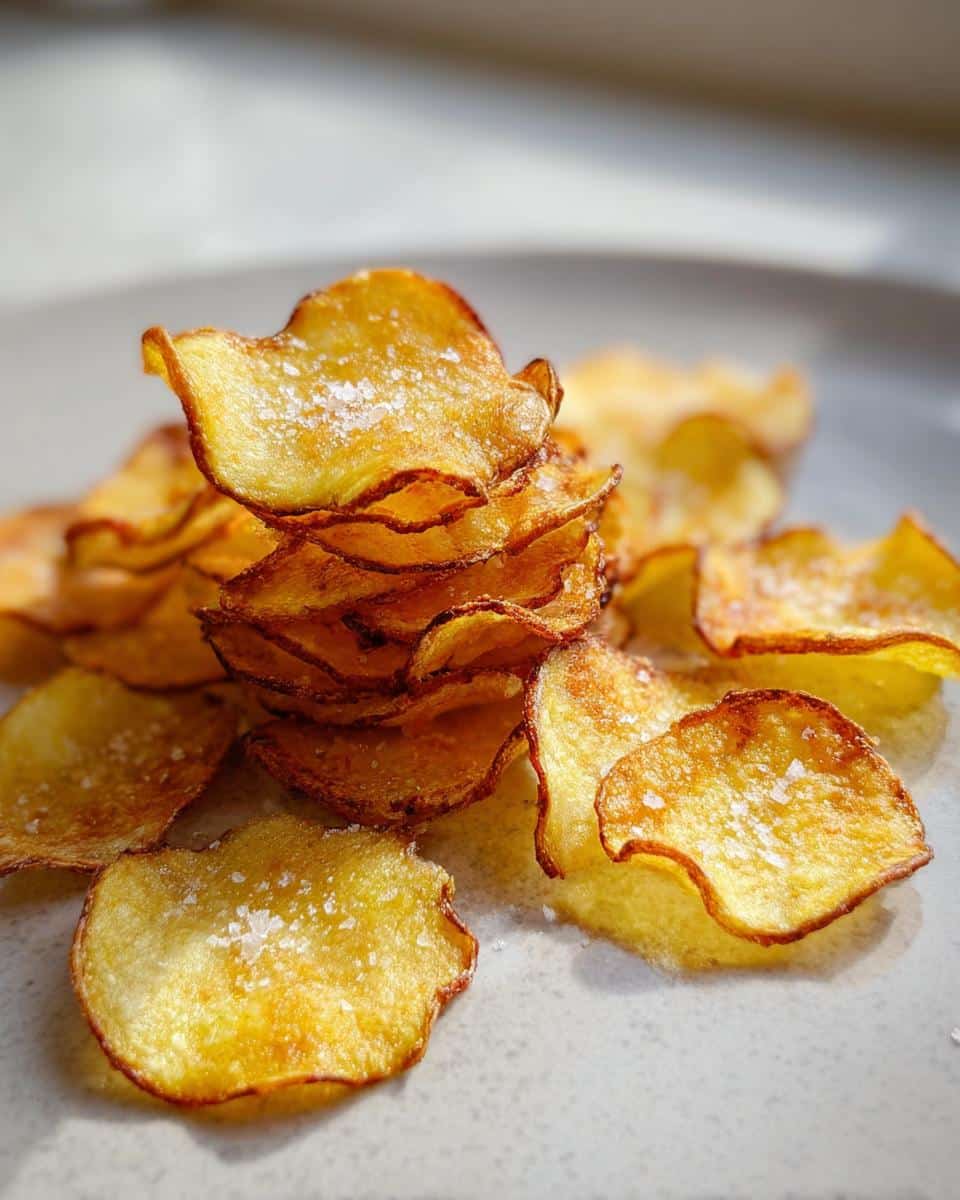 A close-up of golden, crispy Homemade Baked Potato Chips stacked and scattered, sprinkled with sea salt.