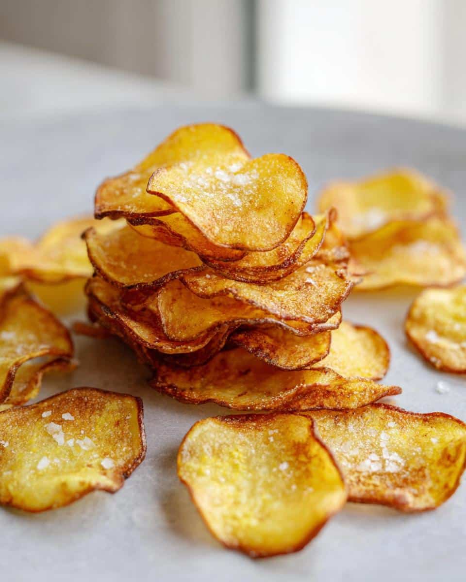 A close-up stack of golden, crispy Homemade Baked Potato Chips seasoned with coarse salt flakes.