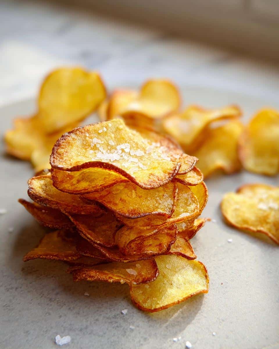 A close-up stack of golden, crispy Homemade Baked Potato Chips sprinkled with coarse sea salt.