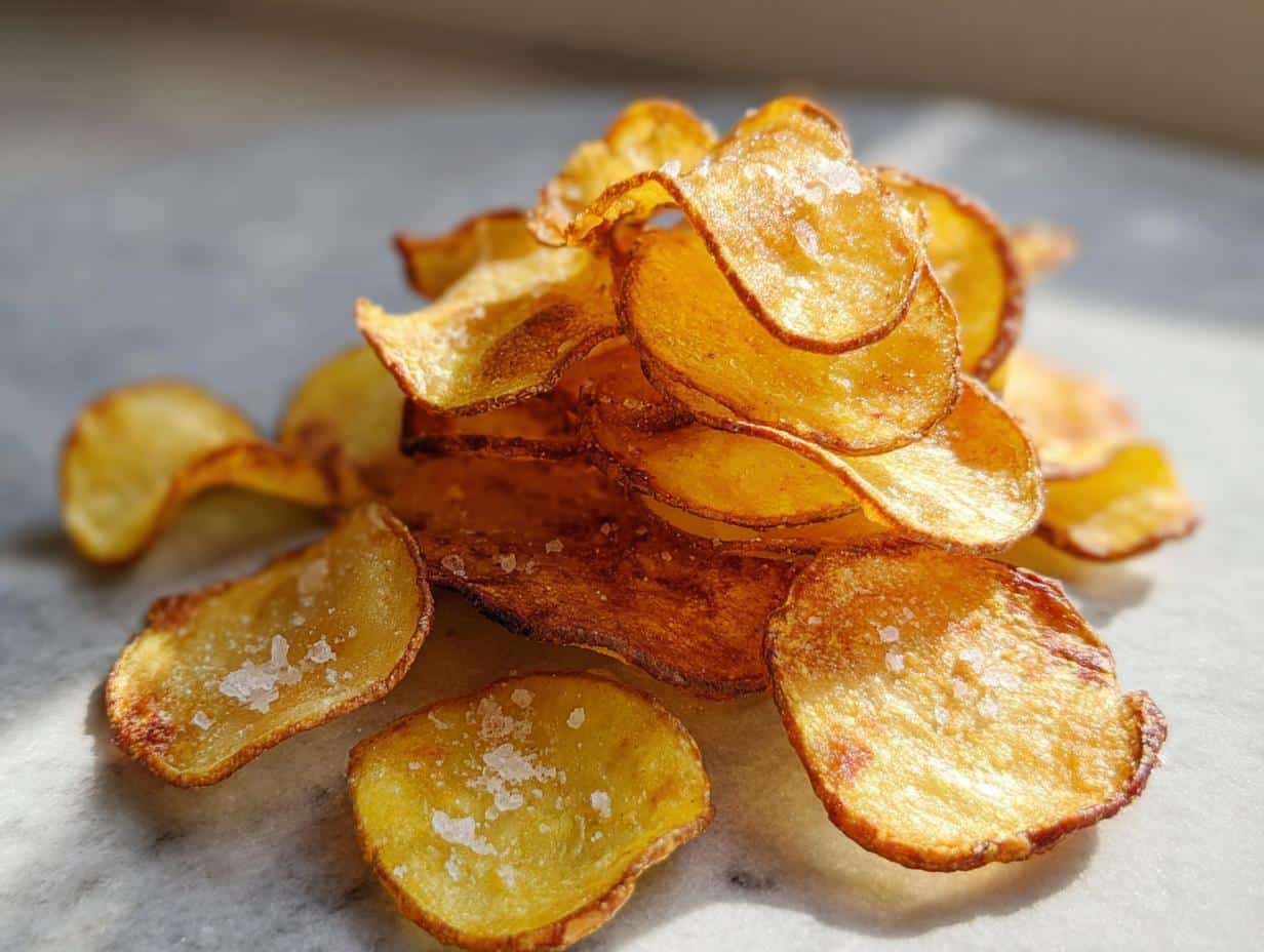 A close-up stack of golden, crispy Homemade Baked Potato Chips sprinkled with coarse sea salt.
