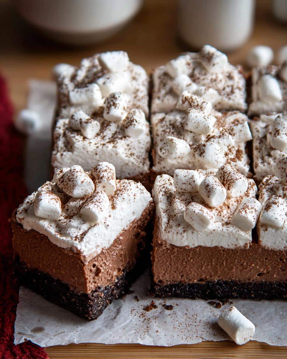 Close-up of Hot Cocoa Cheesecake Bars topped with whipped cream and mini marshmallows, dusted with cocoa powder.