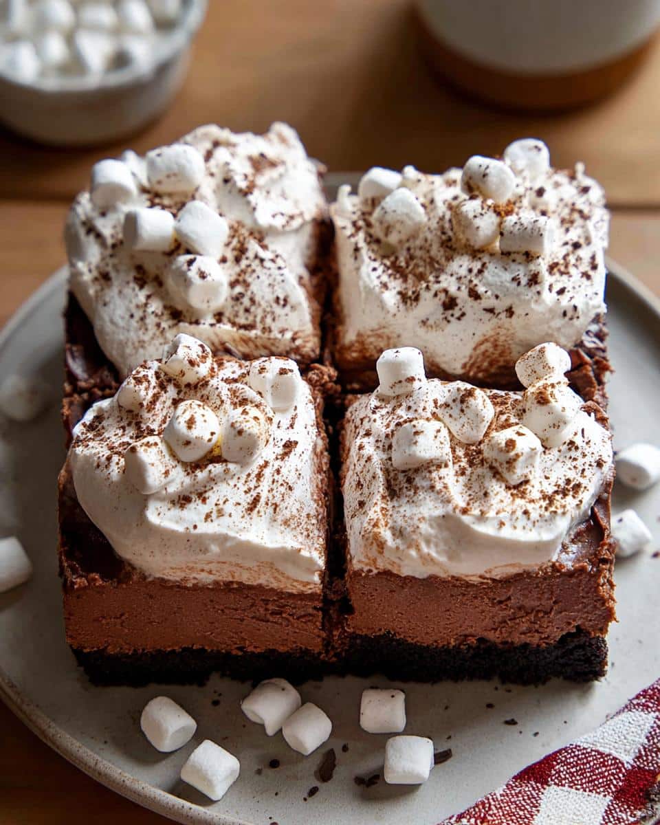 Four Hot Cocoa Cheesecake Bars topped with whipped cream, marshmallows, and cocoa powder on a plate.
