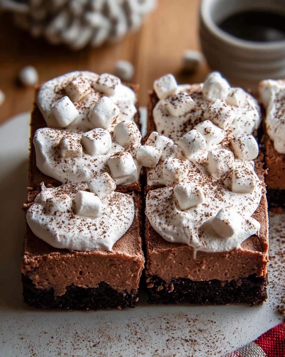 Close-up of Hot Cocoa Cheesecake Bars topped with whipped cream and mini marshmallows, dusted with cocoa powder.