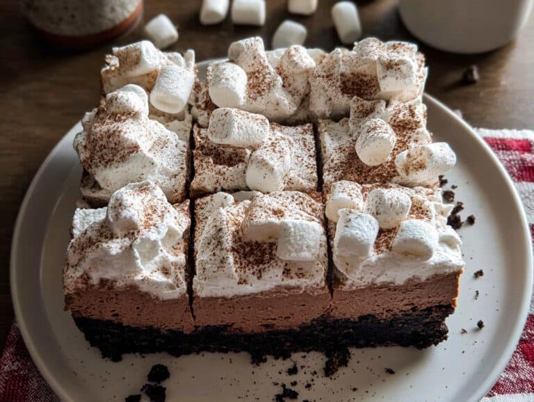 Delicious Hot Cocoa Cheesecake Bars topped with whipped cream, marshmallows, and cocoa powder.