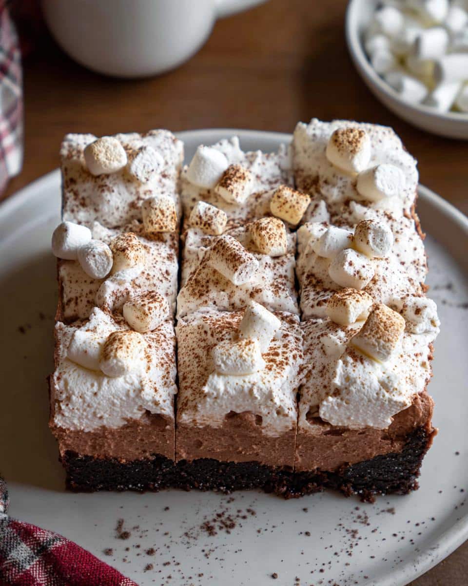 Delicious Hot Cocoa Cheesecake Bars topped with whipped cream, cocoa powder, and marshmallows.