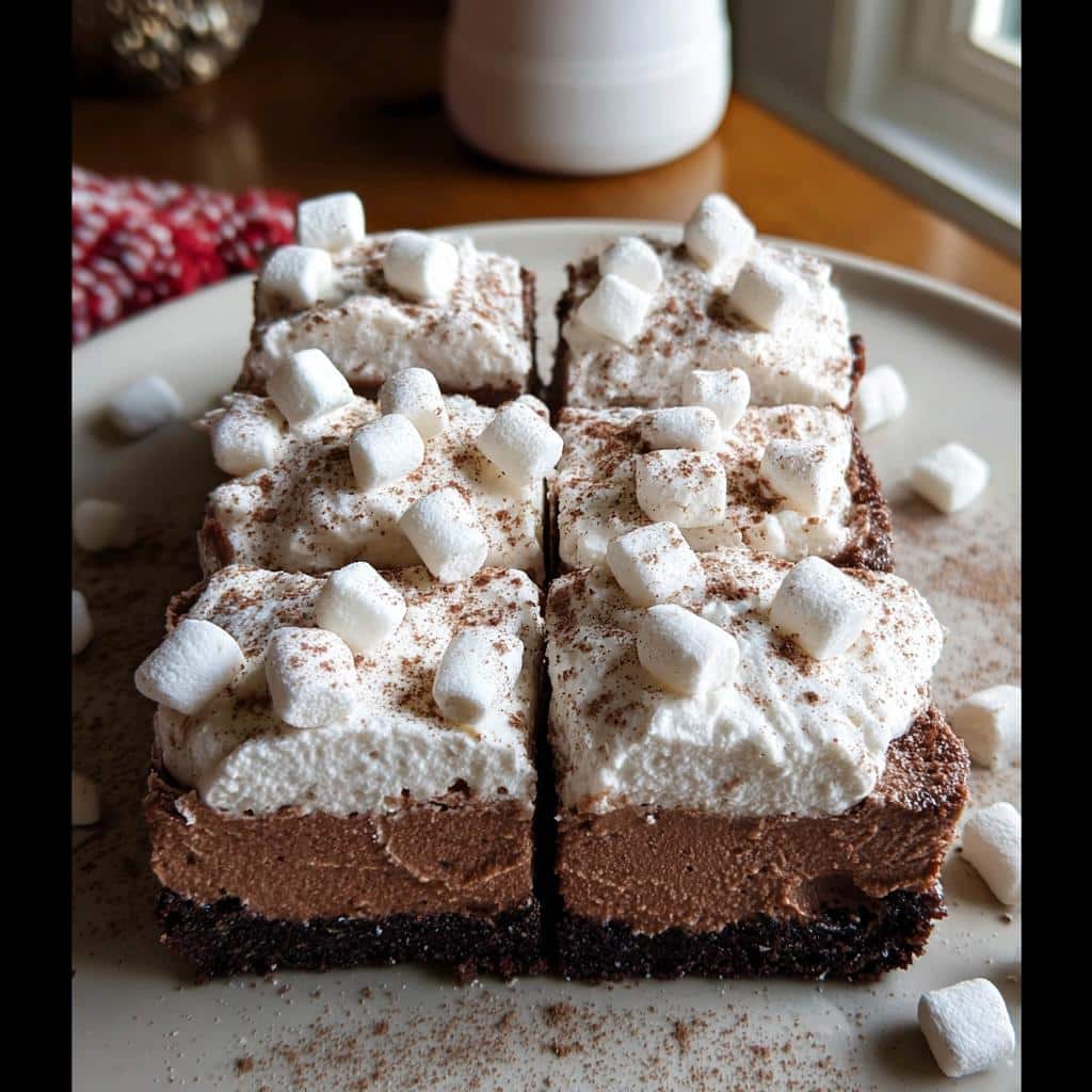 Four Hot Cocoa Cheesecake Bars topped with whipped cream and marshmallows, dusted with cocoa powder.