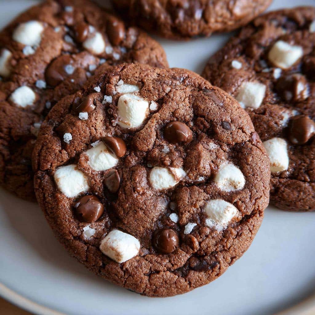 Close-up of homemade Hot Cocoa Cookies on a plate, topped with marshmallows and chocolate chips.