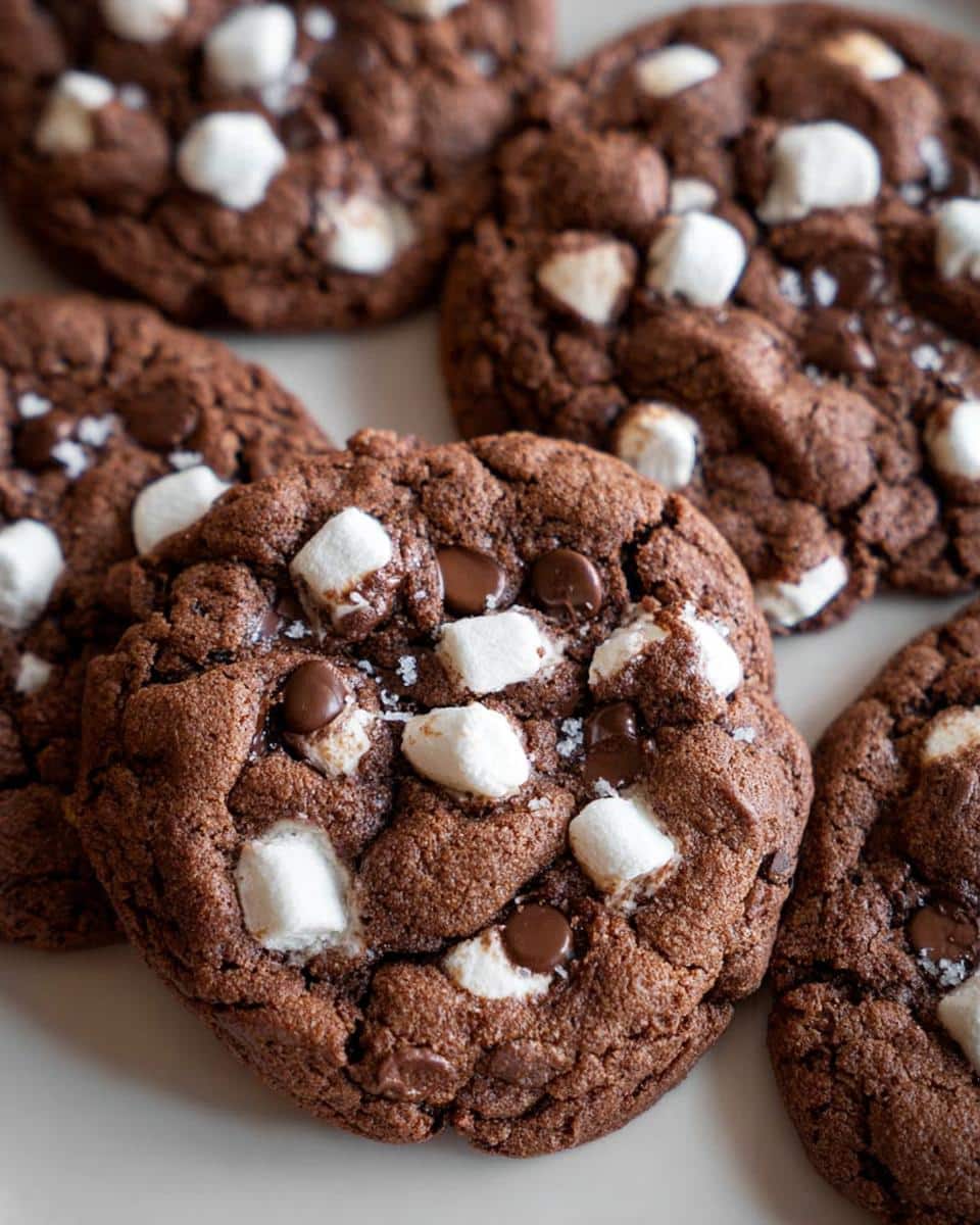 Close-up of several Hot Cocoa Cookies, topped with marshmallows and chocolate chips.
