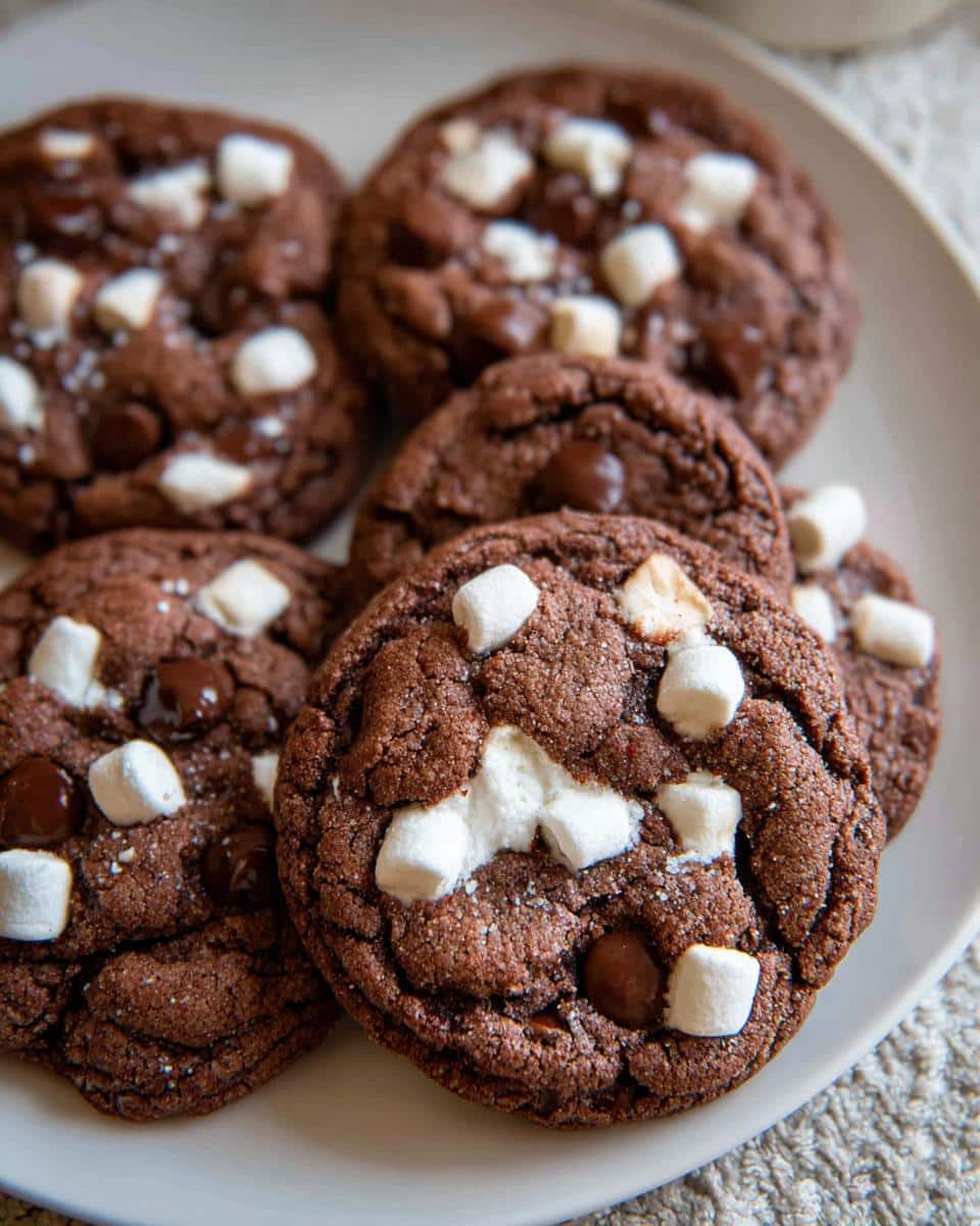 A plate of freshly baked Hot Cocoa Cookies, topped with marshmallows and chocolate chips.