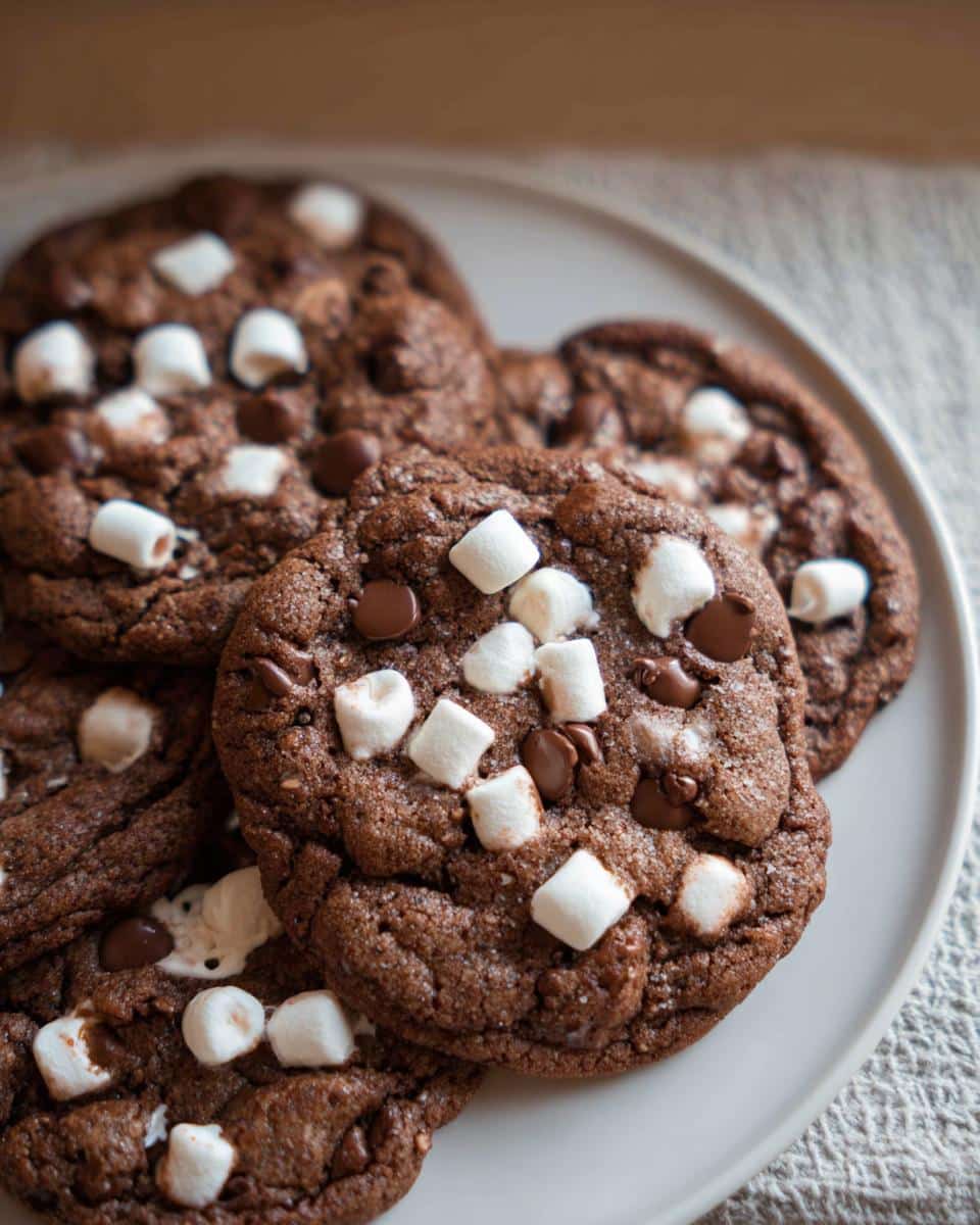 A plate of delicious Hot Cocoa Cookies topped with marshmallows and chocolate chips.