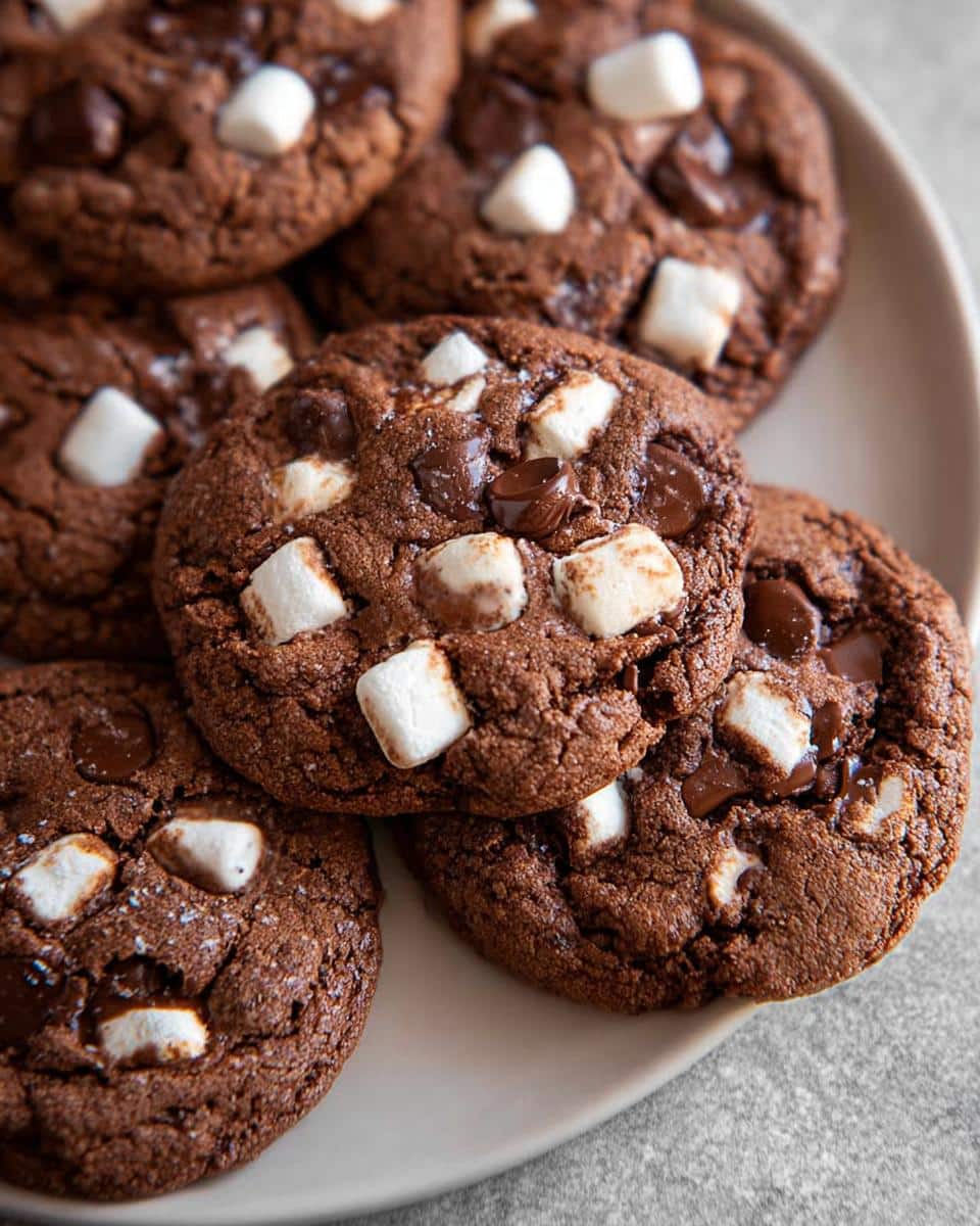 A close-up of several Hot Cocoa Cookies, topped with melted chocolate chips and toasted marshmallows.