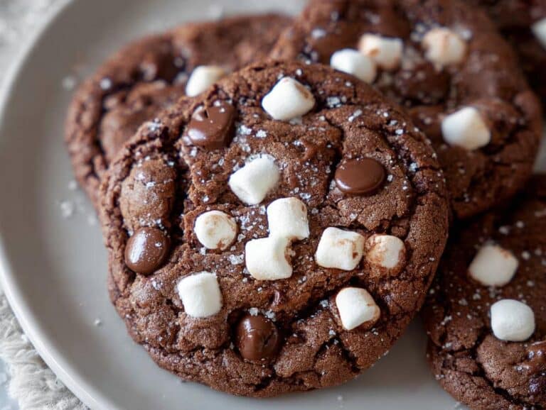 Close-up of Hot Cocoa Cookies topped with marshmallows and chocolate chips on a plate.