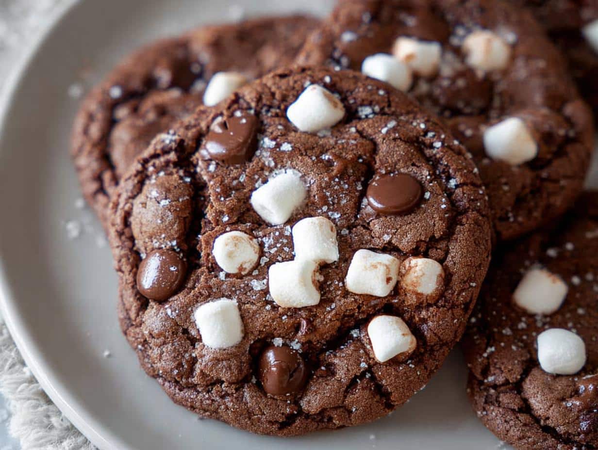 Close-up of Hot Cocoa Cookies topped with marshmallows and chocolate chips on a plate.