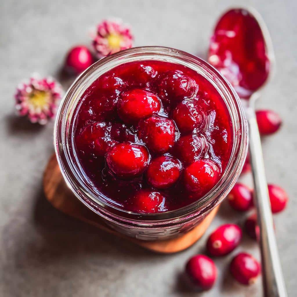 Overhead view of a glass jar filled with vibrant red Quick Pickled Cranberries, with fresh cranberries scattered nearby.